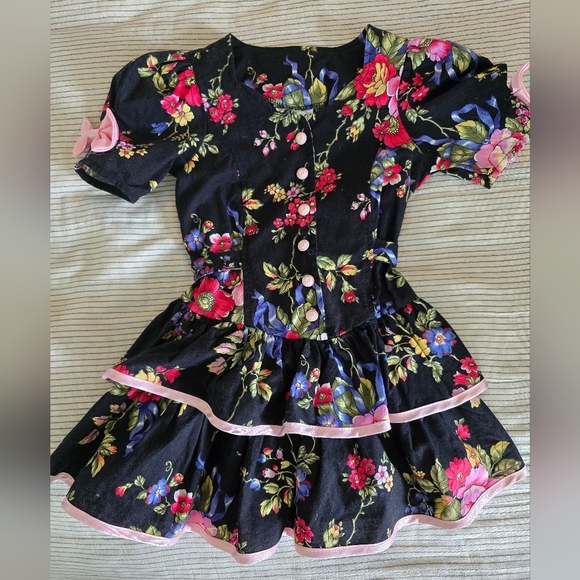 Vtg 90s Eve Too Byer California Black Floral Button Down Ruffle Dress Sz 5T Bows - Picture 1 of 8